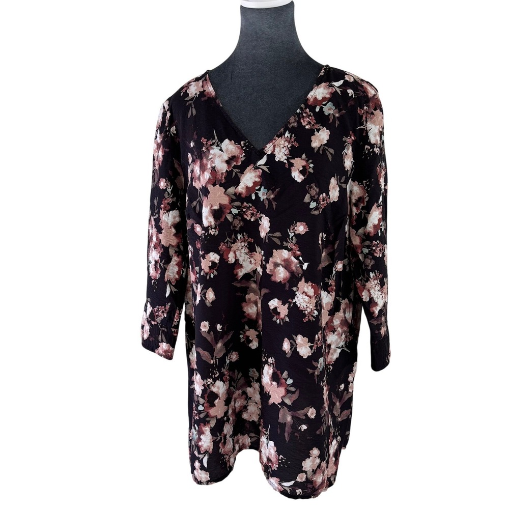 J. Jill Floral Whimsigoth Boho V-Neck Tunic 3/4 Sleeve Black Pink Mauve Size L